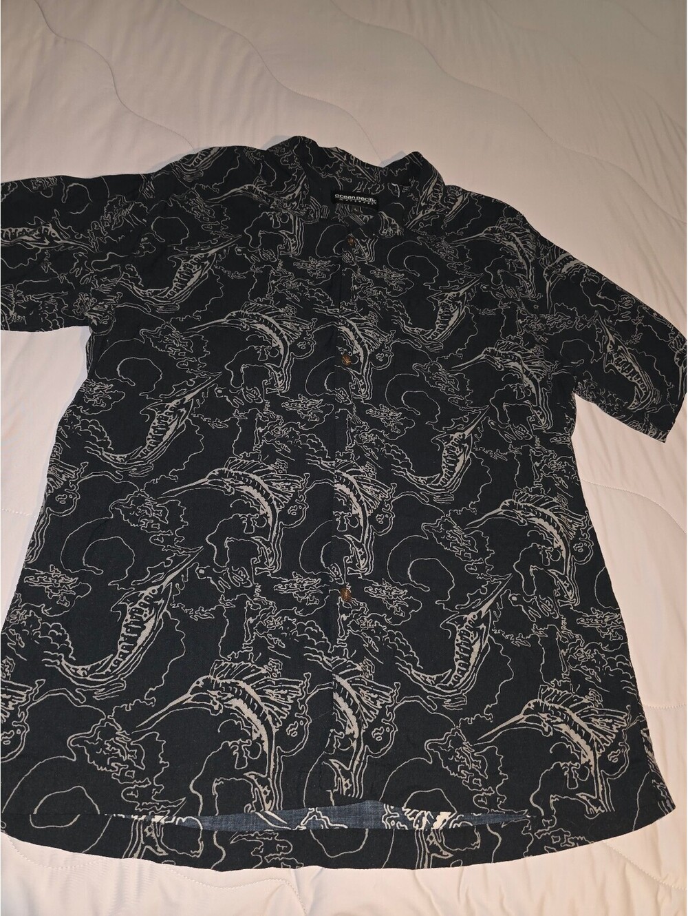 Ocean Pacific Men’s L Hawaiian Sword Fish Design Button-Up Shirt Cotton Rayon -L